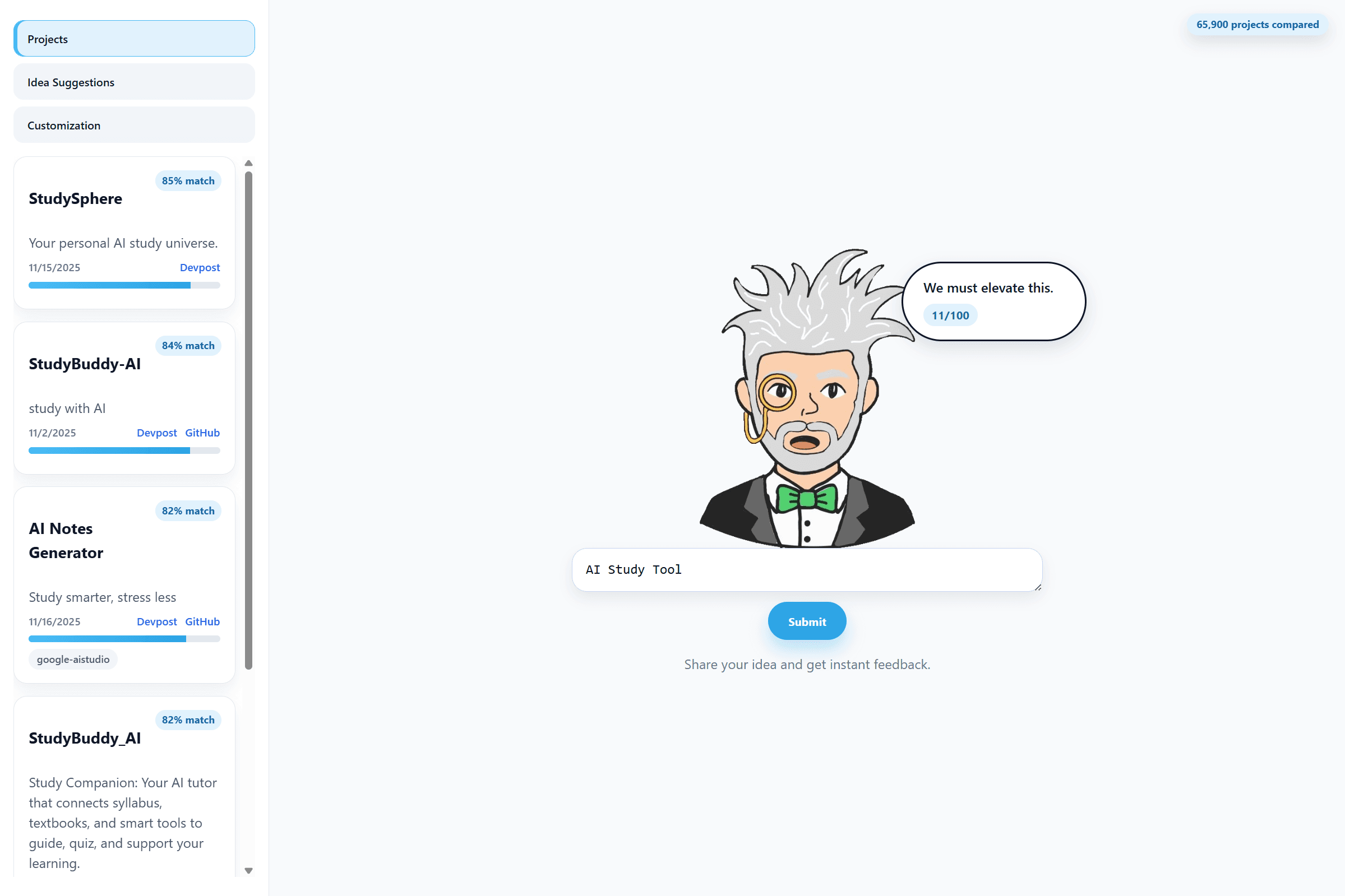 Projects tab showing closest matches and similarity percentages